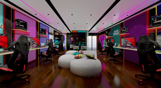 renew 3d gaming store interior,dressing room render, wall art decor,lobby design