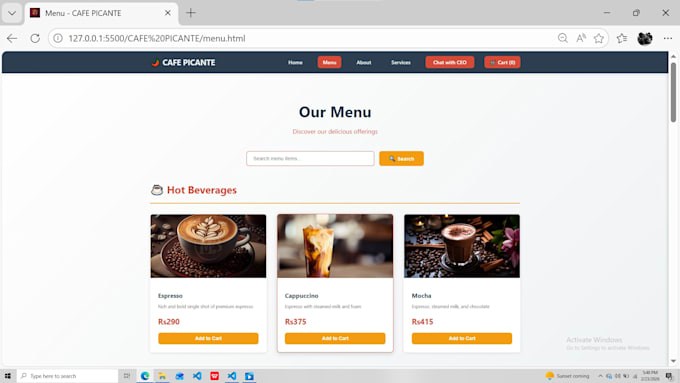 build a modern cafe website with cart