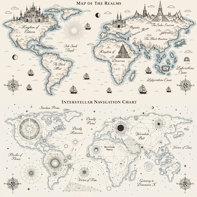 illustrate medieval fantasy and sci fi maps
