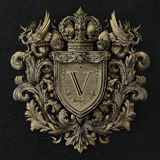 heraldic, modern luxury logo with hand drawing