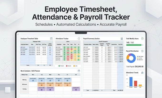 create employee timesheet, attendance tracker,schedule tracker and payroll sheet