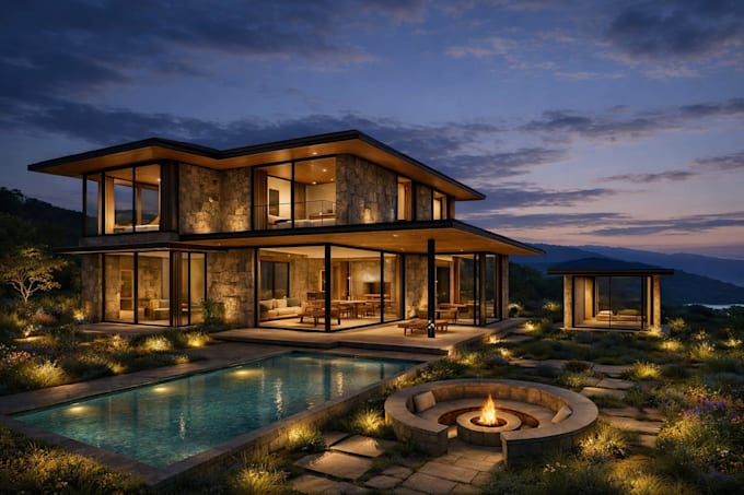design modern house interior and exterior with 3d rendering