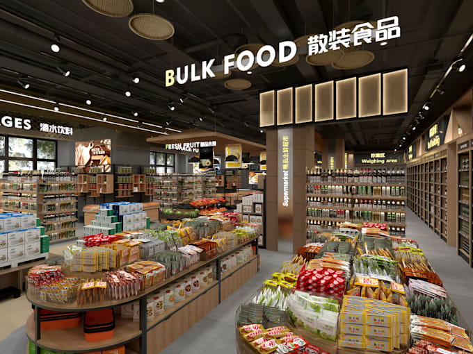 design 3d  supermarket store, 3d boutique, retail store interior with rendering
