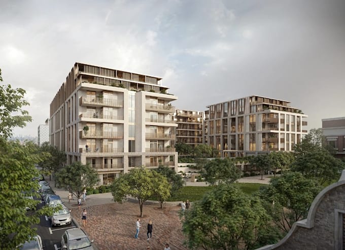 revitalize 3d housing development,multi story building,balcony,highend rendering