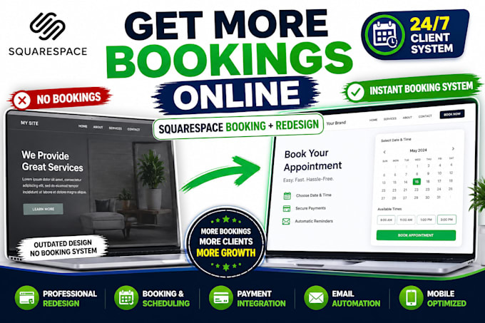 redesign squarespace website, booking system, appointment scheduling