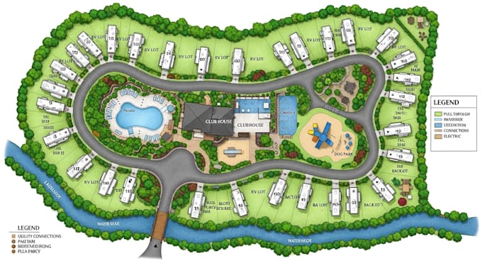 draw and render architectural site plan, rv park, property map