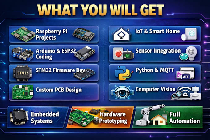 develop raspberry pi, esp32, arduino iot firmware, embedded systems, custom pcb