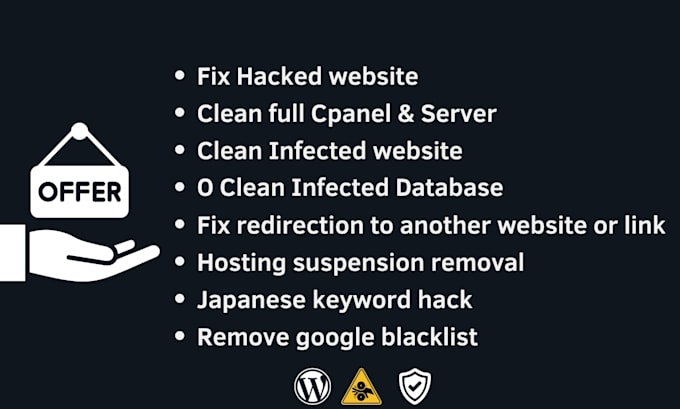 fix hacked wordpress, bug fix, 301 redirect, virus removal , malware removal