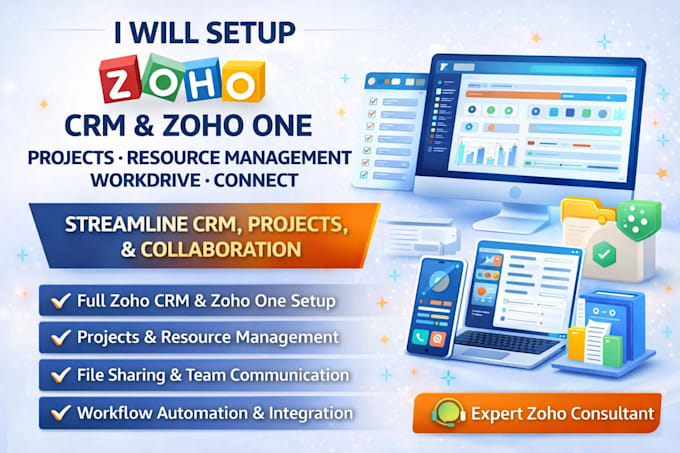 setup zoho crm, zoho one, projects, resource management, workdrive, connect