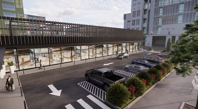 visualize3d grocery store exterior,layout plan,parking lot design,landscape,vray