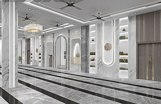craft 3d mosque facade,worship space, islamic center,interior prayer hall render