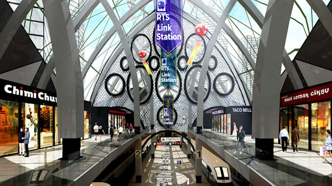 realistic3d modern link station exterior,train track design,pathway render,revit