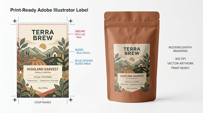 ai generated label and packaging design to print ready illustrator file