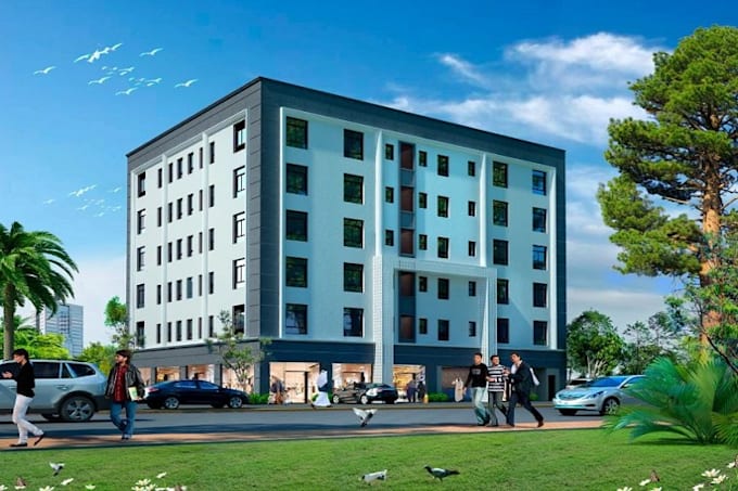visual rendering commercial building exterior, residential 3d design floorplan