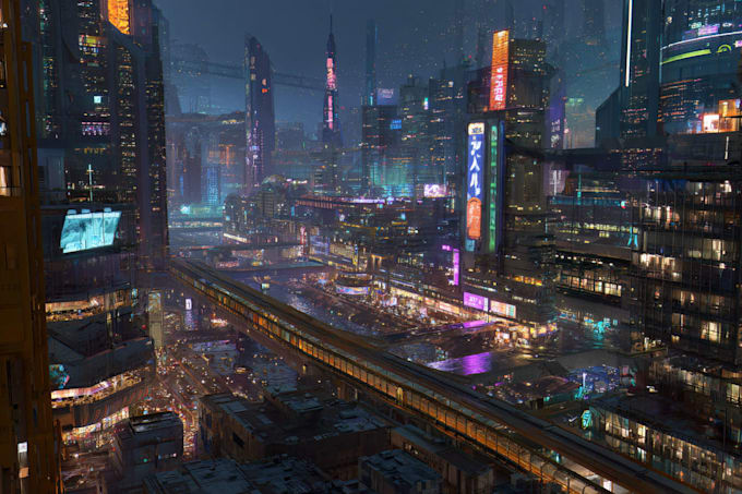 make a cyberpunk sci fi futuristic city no ai use