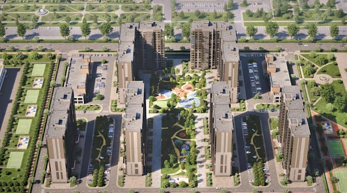 detailed site layout residential development,high rise building, driveway render