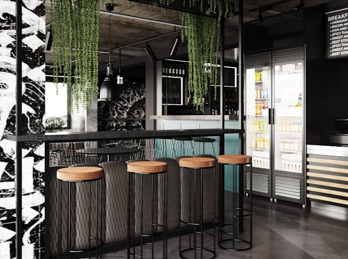 visualize 3d cafe loft interior,fast food restaurant,cgi bar lounge design,lobby