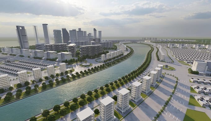 present 3d city masterplan, cgi housing infrastructure, residential development