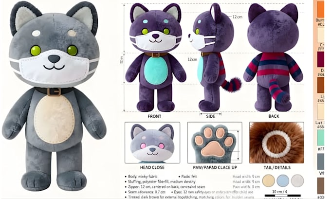 design custom plush toy reference sheet, tech pack, teddy  and ych concept
