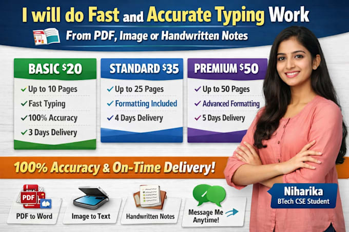 do fast and accurate typing work from PDF, image or handwritten notes