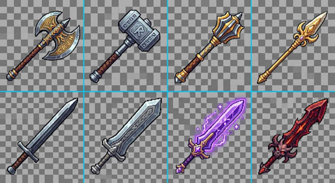 create 8bit 16bit pixel art character icons items weapons rpg game assets sprite