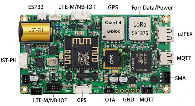 develop esp32 gps iot tracker hardware with lte m nb iot lora ota mqtt pcb