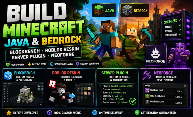 build minecraft java and bedrock blockbench roblox reskin server plugin neoforge