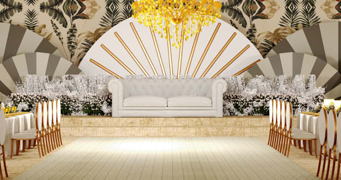 setup 3d event hall interior,concert stage render ,wall decor,space layout,lobby
