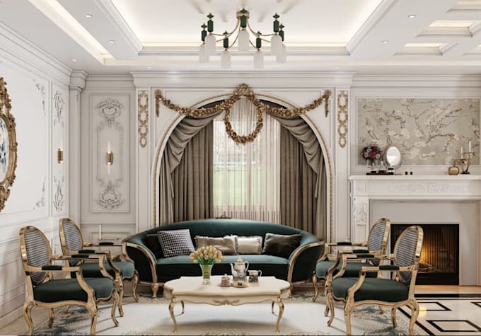 redesign classic reception, hotel living space render, cgi interior luxury revit