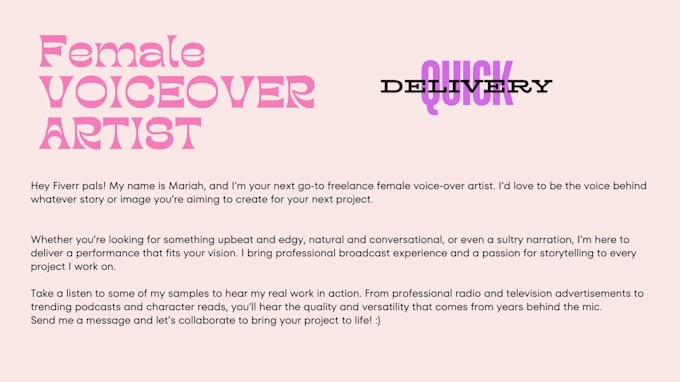 fulfill your broadcast quality female voice over