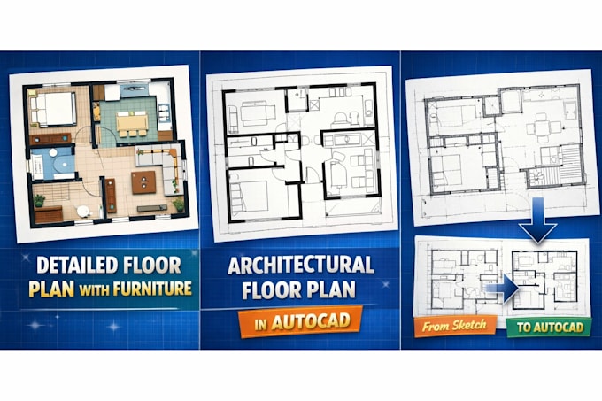 create architectural 2d floor plan in autocad with dimensions