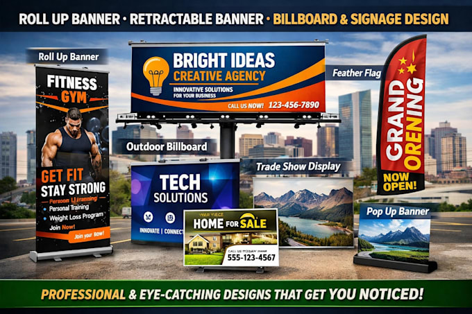 do roll up banner, retractable banner, feather flag, pull up, billboards signage