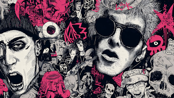 draw a hardcore punk rock chaos graffiti illustrations