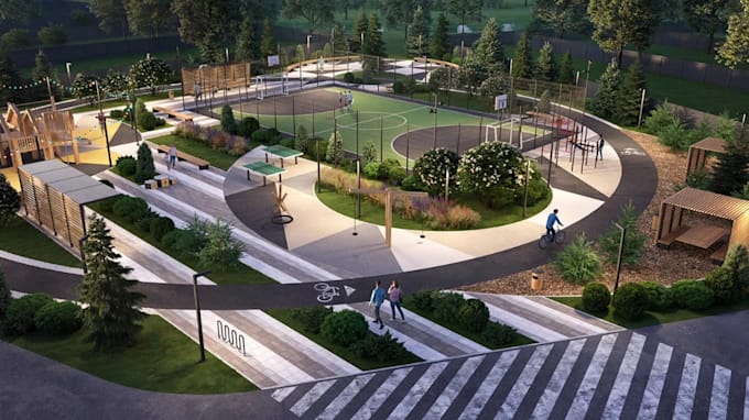 render recreational site plan, visualize modern parks, landscape layout design
