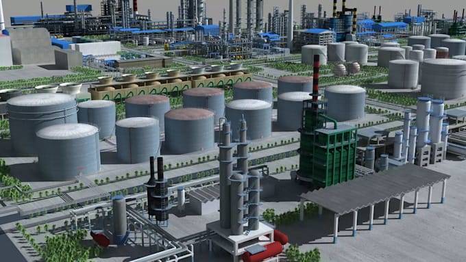 design detailed 3d oil refinery, model with, interior exterior views
