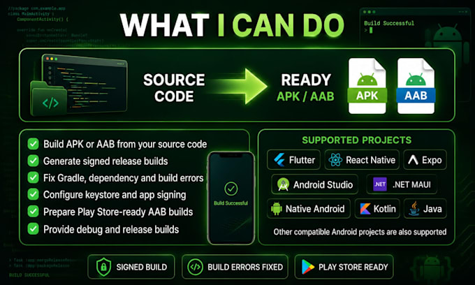 convert flutter, react native, expo and android studio to apk or aab