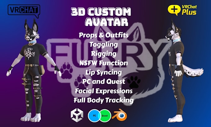 create custom vrchat furry avatar, fursona 3d model, vrc avatar