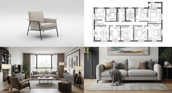 design 3d furniture model interior mood board and virtual staging rendering