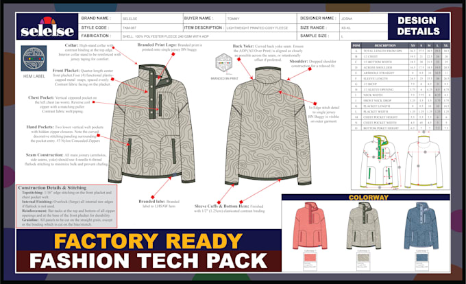 create a professional fashion tech pack for manufacturing