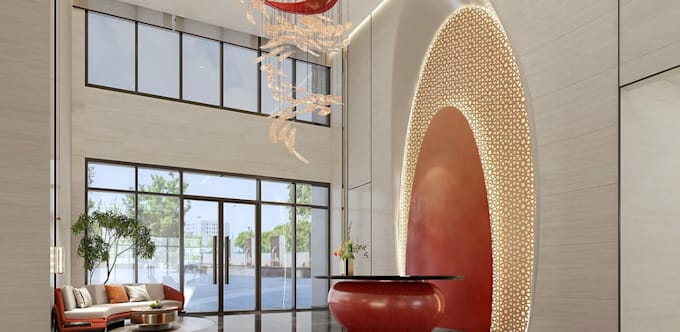 revitalize3d lobby interior,commercial space render,waiting lounge layout design