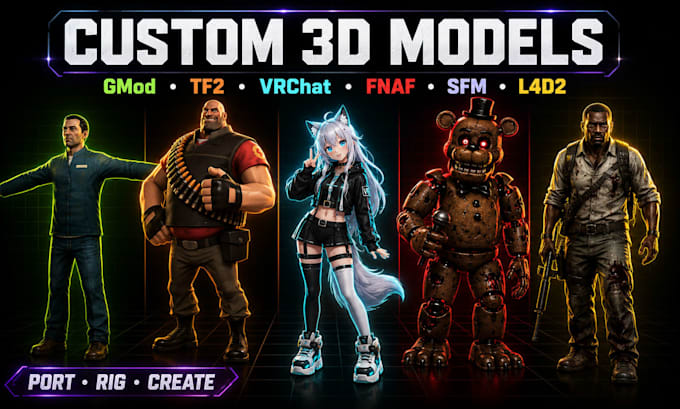 create custom gmod model, tf2, lf4d2, fnaf, vrm vrchat avatar, port 3d sfm model