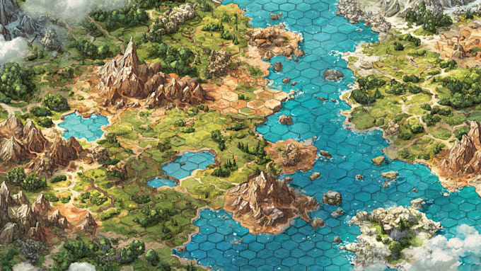 design printable 2d board game map, fantasy battlemap, hex or isometric map art