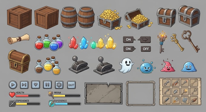 create 2d game assets, UI icons, props, objects and items for mobile games