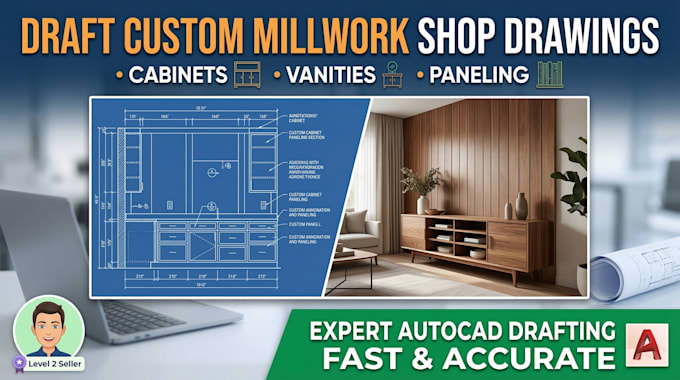 draft custom millwork shop drawings for cabinets, vanities, paneling in autocad