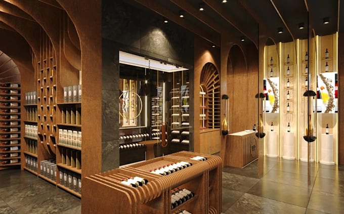 retouch modern wine store,cellar wine design,store layout,retail interior render