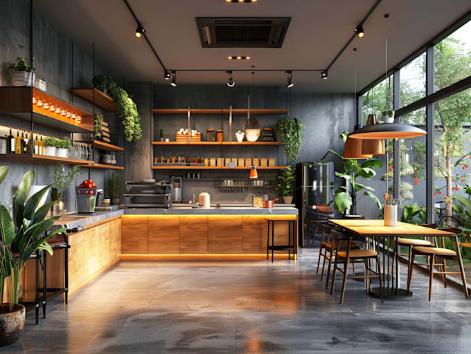 do realistic render of kitchen, restaurant, bar, café