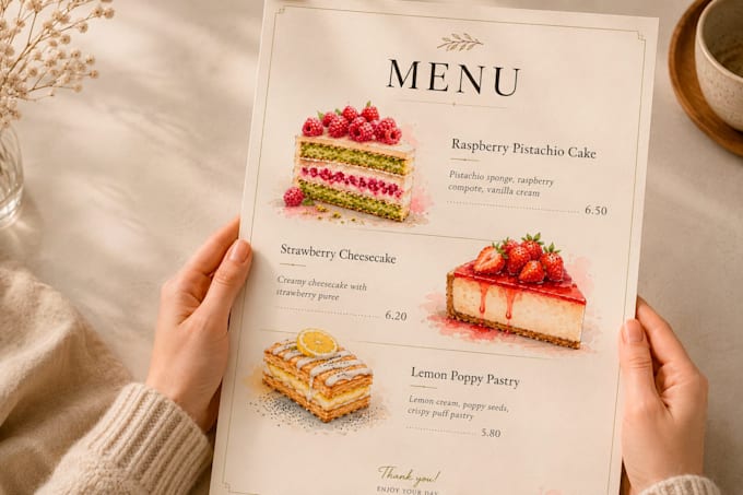 do watercolor bakery illustrations for menus