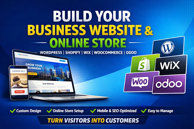 build wordpress business website, woocommerce website, wix, odoo website shopify