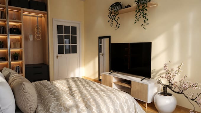 create photorealistic 3d bedroom interior design rendering
