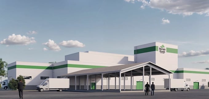 construct 3d site plan,industrial warehouse render,exterior parking space layout